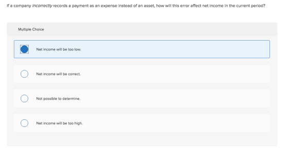 If a company incorrectly records a payment as an expense instead of an asset, how will this error affect net income in the cu