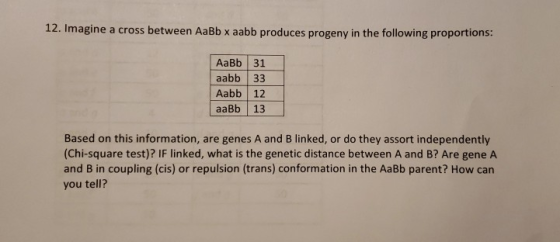 12. Imagine a cross between AaBb x aabb produces progeny in the following proportions: | AaBb 31 aabb | 33. Aabb | 12 aaBb] 1