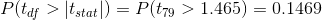 P(t_{df}>|t_{stat}|)=P(t_{79}>1.465)=0.1469