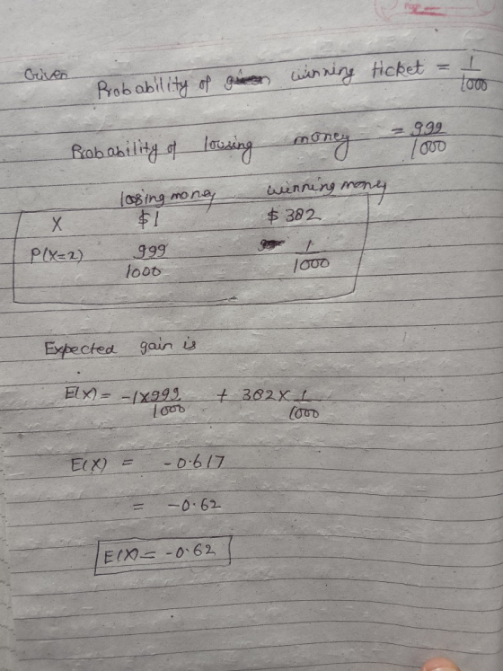 Criven 000 Probability of a winning ticket Probability of lousing money 3.999 loud winning money loosing money х $1 $ 382 P(X