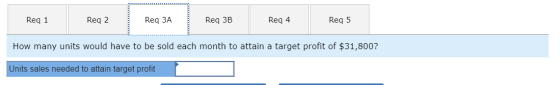 Req 1 Req 2 Req 3A Req 3B Req 4 Req 5 How many units would have to be sold each month to attain a target profit of $31,800? U