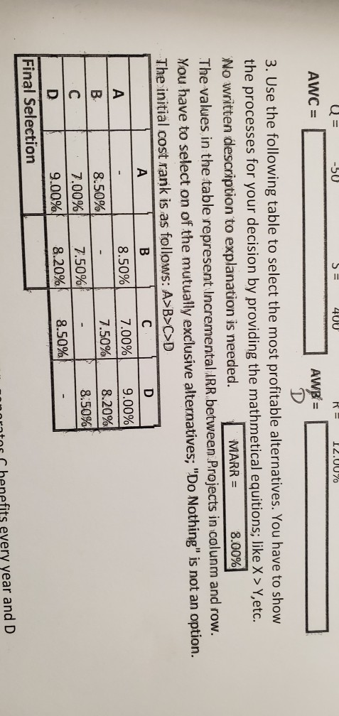 Q = -50 400 R = 12.00% AWC = AWB = 3. Use the following table to select the most profitable alternatives. You have to show th