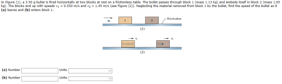 In Figure (1), a 3.50 g bullet is fired horizontally at two blocks at rest on a frictionless table. The bullet passes through