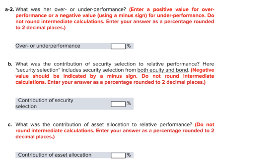 a-2. What was her over- or under-performance? (Enter a positive value for over- performance or a negative value (using a minu