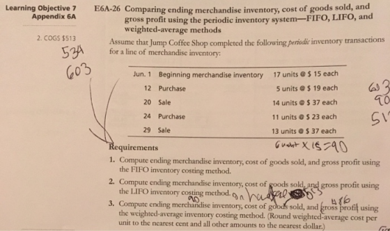 Learning Objective 7 Appendix 6A E6A-26 Comparing ending merchandise inventory, cost of goods gross profit using the periodic