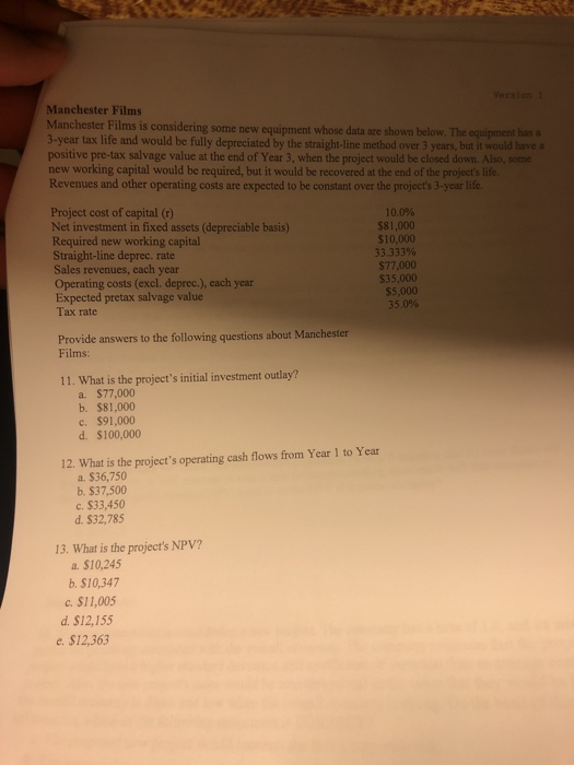 Manchester Films Manchester Films is considering some new equipment whose data are shown below. The equipment has a 3-year ta