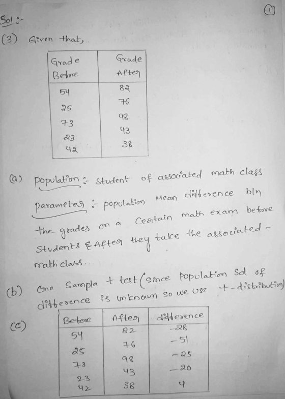 Soli- (3) Given that, Grade Betore Grade After 82 (a) population & student of associated math class parameter :- population m