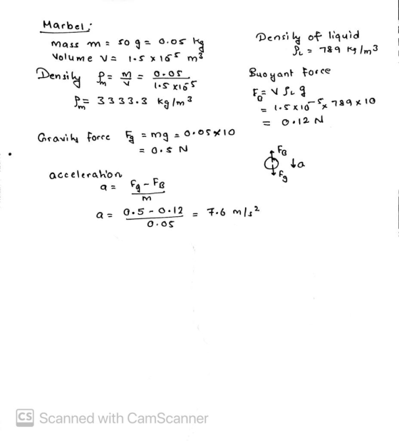 Volume V- Marbel: mass mosog0.05 lang 1.5x155 m² Density = m = 0.05 1.5x105 P = 33 33.3 kg/m3 Density of liquid P = 789 kg /