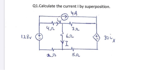 Q1.Calculate the current I by superposition. ЧА Чл 18 3л 6. (І - 5L х -
