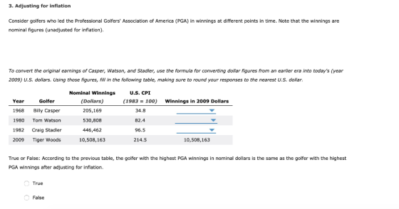 3. Adjusting for inflation Consider golfers who led the Professional Golfers Association of America (PGA) in winnings at dif