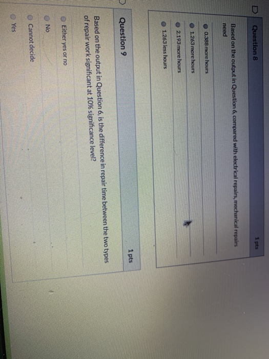 D Question 8 1 pts Based on the output in Question 6, compared with electrical repairs, mechanical repairs need 0.388 more ho