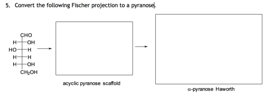 5. Convert the following Fischer projection to a pyranose). CHO HOH но-н H- H НЕОН CH2OH acyclic pyranose scaffold a-pyranose