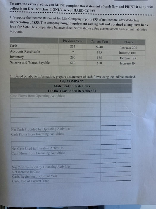 To earn the extra credits, you MUST complete this statement of cash flow and PRINT it out. I will collect it on Dec. 3rd clas