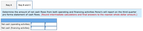 Req A Req B and C Determine the amount of net cash flows from both operating and financing activities Perezs will report on