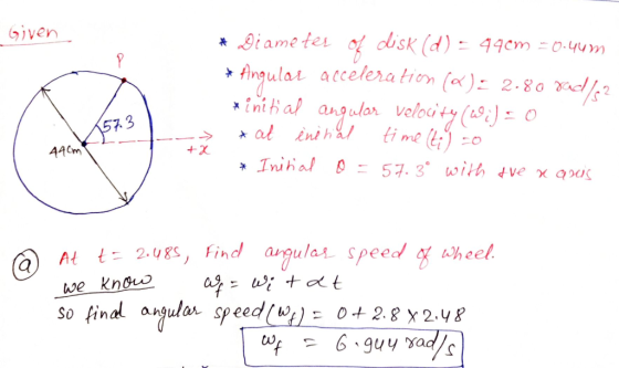 Given of a * Diameter disk (d) = 44cm = 0.40m * Angular acceleration (Q): 2-80 vad/s2 initial angulor velocity (29) = 0 * at