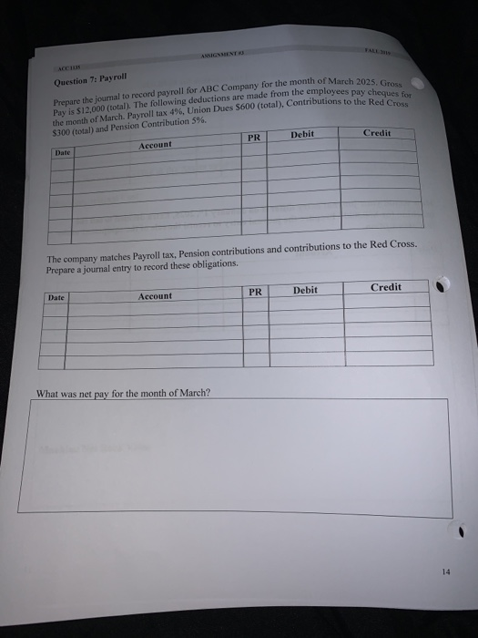 ASIGNMENT FALL 20 ACC13 Question 7: Payroll Prepare the journal to record payroll for ABC Company for the month of March 2025