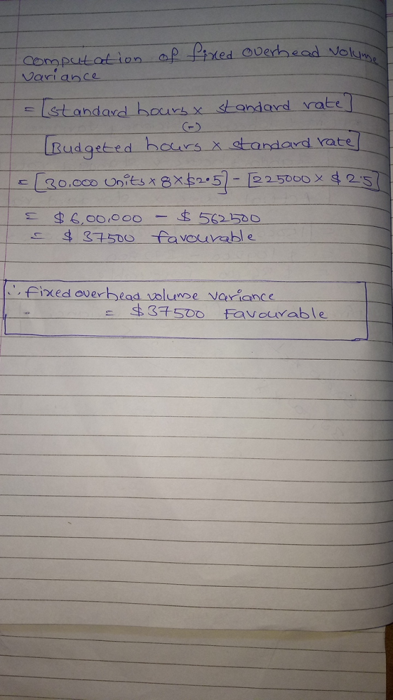 computation of fixed overhead Volume variance - standard hourbx standard rate] Budgeted hours & standard rate] (30,000 units