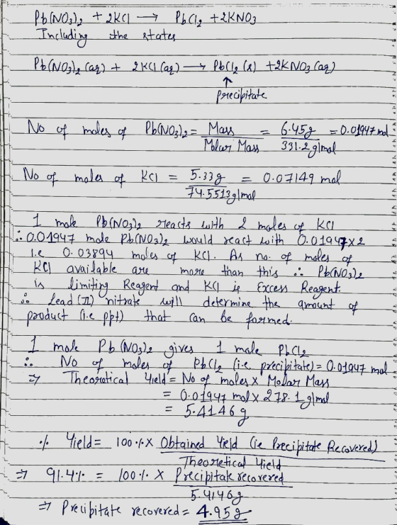 fb (NO₃), + 2K(1 7 PbCl + 2KNO3 Including the states Pb(NO3)2 (aq) + 2K41 (aq) → Polla (2) +2K NO3 Caq) - precipitate I No of