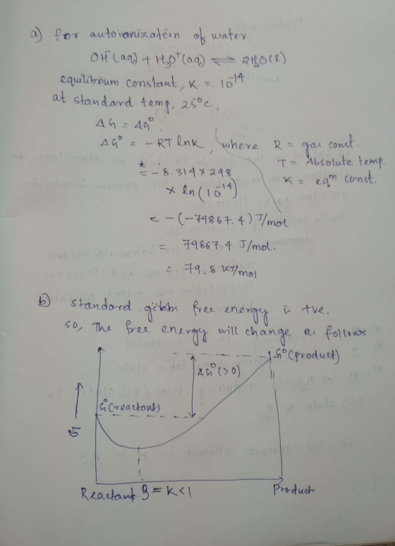 a) for autoianization of water, OH(aq) + Hot(aq) hoce). equilibrium constant, k = 1014 at standard temp, 25°c. 4G = 40 AGO RT
