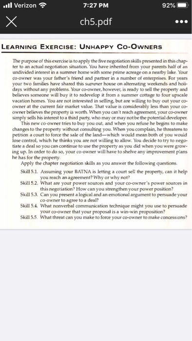 ..Il Verizon 7:27 PM 92% ch5.pdf LEARNING EXERCISE: UNHAPPY CO-OWNERS The purpose of this exercise is to apply the five negot