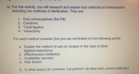 For this activity, you will research and explain four methods of contraception including two methods of sterilization. They a