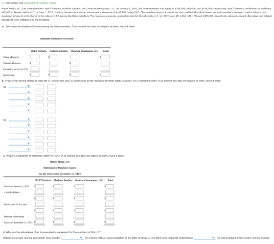 LLC Net Income and Statement of Members Equity Marvel Media, LLC, has three members: WLKT Partners, Madison Sanders, and Obs
