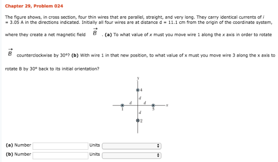 Chapter 29, Problem 024 The figure shows, in cross section, four thin wires that are parallel, straight, and very long. They