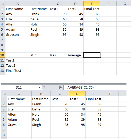 A B с D E F G Test2 Final Test 70 45 68 60 78 58 1 First Name 2 Any 3 Liza 4 Allen 5 Adam 6 Grayson 7 Last Name Testi Frank b