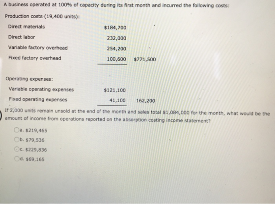 A business operated at 100% of capacity during its first month and incurred the following costs: Production costs (19,400 uni