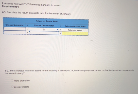 7. Analyze how well TNT Fireworks manages its assets: Requirement 1: a-1. Calculate the return on assets ratio for the month