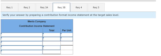 Req 1 Req 2 Req ЗА Req 3B Req 4 Req 5 Verify your answer by preparing a contribution format income statement at the target sa