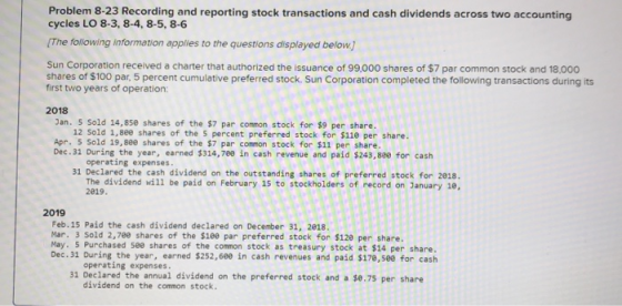 Problem 8-23 Recording and reporting stock transactions and cash dividends across two accounting cycles LO 8-3, 8-4, 8-5, 8-6