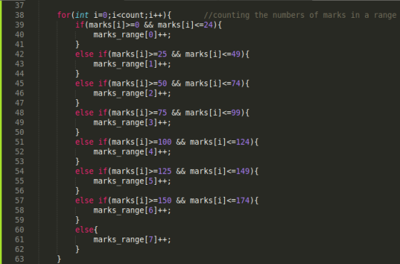 for(int i=0;i<count;i++) { //counting the numbers of marks in a range if(marks[i]>=6 && marks[i]<=24) { marks_range[]++; else