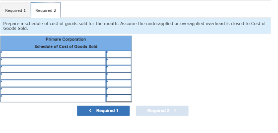 Required 1 Required 2 Prepare a schedule of cost of goods sold for the month. Assume the underapplied or overapplied overhead