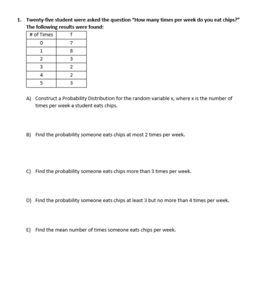 1. Twenty-five student were asked the question How many times per week do you eat chips? The following results were found: # of Times 0 8 4 Construct a Probability Distribution for the random variable x, where x is the number of times per week a student eats chips. A) B) Find the probability someone eats chips at most 2 times per week. C) Find the probability someone eats chips more than 3 times per week. D) Find the probability someone eats chips at least 3 but no more than 4 times per week E) Find the mean number of times someone eats chips per week.