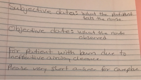 subjective data what the patient tells the nurse. objective date: What the nurse observed for patient with burn due to Ineffe