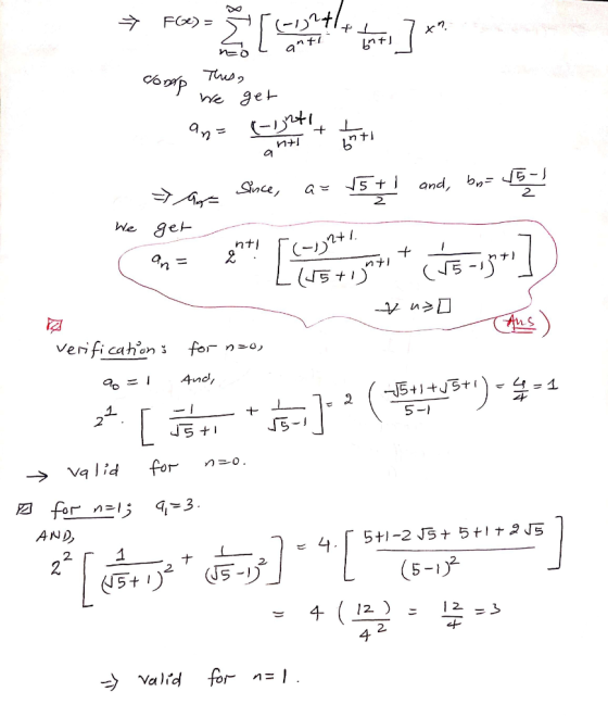 7 reso corte tra]* → FO) = bnt] Corro This, I we ano an= (-jht1 get anti tanto ntb We aga Since, a= √5 + 1 and, bo= 15 - 1 Ce