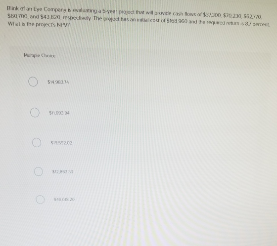 Blink of an Eye Company is evaluating a 5-year project that will provide cash flows of $37,300, $70,230, $62,770, $60,700, an