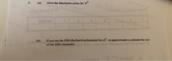 2 (a) Give the Maclaurin series for ex SHOD (b) If you use the fifth Maclaurin polynomial for to approximate e, estimate the