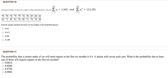QUESTION 30 20 20 Following are heights, in inches, for a sample of college basketball players. Note that x; = 1,565 and Ex;?