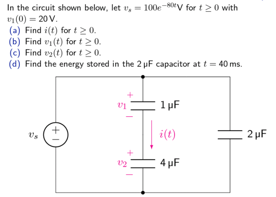 In the circuit shown below, let vs-100e-80% for t 0 with v1(0) 20 v (a) Find i(t) for t 2 0 (b) Find v1(t) for t 2 0. (c) Find v2(t) for t2 0. (d) Find the energy stored in the 2 μ-capacitor at-40ms. 01 i(t) U2