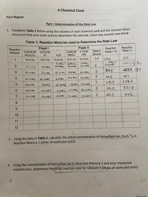 A Chemical Clock Your Report: Part I: Determination of the Rate Law 1. Complete Table 1 below using the volumes of each chemi