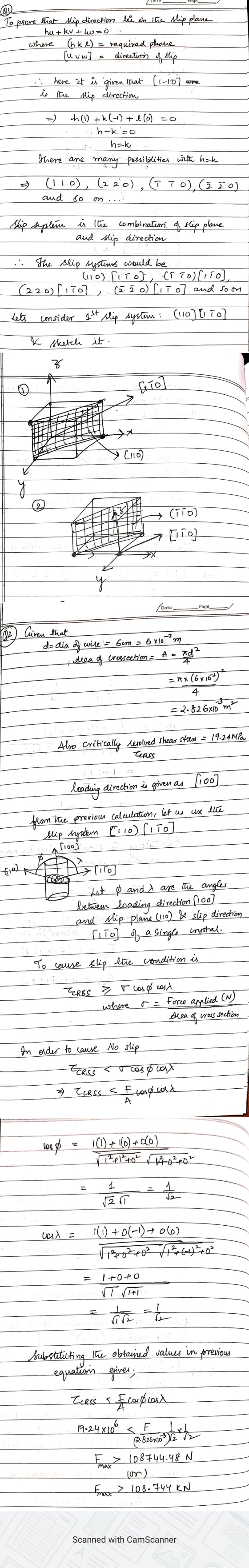 Q To prove that_ship direction be in the slip plane hut kv + lw=0 where (h k l) = required phane (uvM] direction of slip here