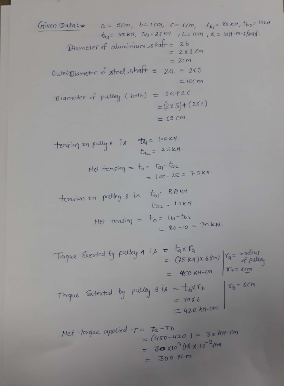 Diameter of aluninium shaft-2b oute(Diameter of steel shaft = 24.-2x5 Diameter of pulley (both) = 2a +2 c 12 cm sim in pulley B bl Net tentientbib of pulieg Net toque applied T= ta-T6 = (450-420」= 30 kn-om