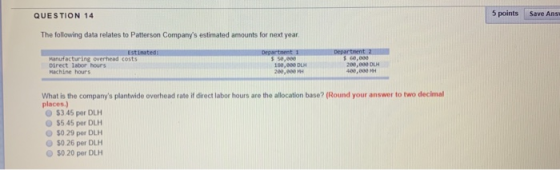 QUESTION 14 5 points Save Ans The following data relates to Patterson Companys estimated amounts for next year Department 1