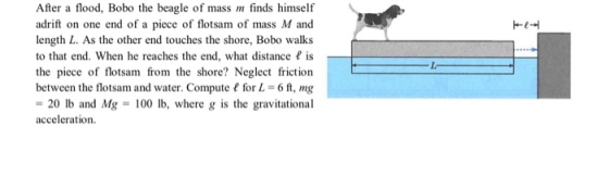 After a flood, Bobo the beagle of mass m finds himself adrift on one end of a piece of flotsam of mass M and length L. As the