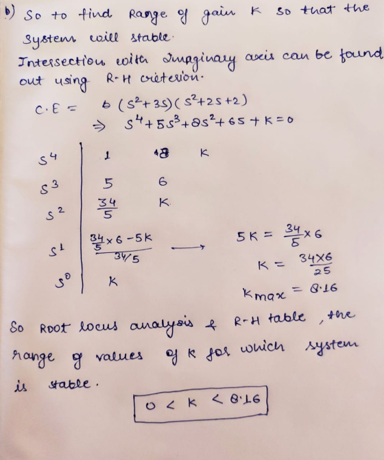 so that the b) so to find range of gain k system will stable Intersection with Imaginary asis can be found out using RH viete