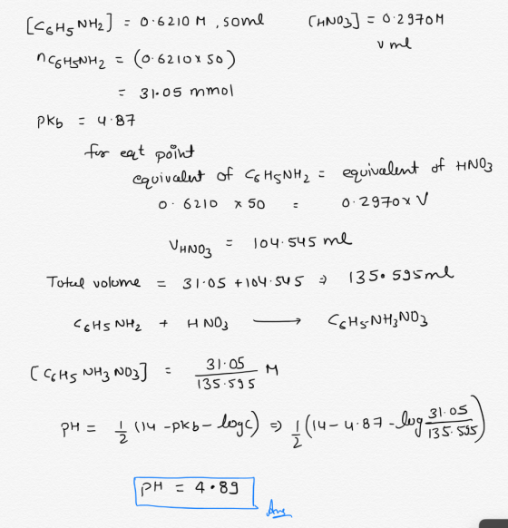 [Cohs NH2] = 0.6210 m, some CHNO3] = 0.2970M ume nCGHSNH2 = (0.6210650) = 31.05 mmol. pkb = 4.87 for eat point equiucelent of