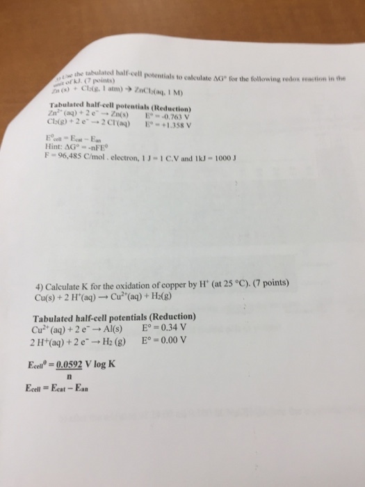 se the tabulated half-cell potentials to calculate ??-for the following ,edo-m-mm in (7 points ) Tabulated half-cell potentials (Reduction) Zar (aq) + 2 e-? Zn(s) E.--0763 V Cl:(g) +2e2 CT(a)+1.358 F-96,485 C/mol. electron, 13-1 C.V and 1kJ -1000 C). (7 points) 4) Calculate K for the oxidation of copper by H (at 25 Cu(s) + 2 r(aq) ? Cu2+(aq) + H2(g) Tabulated half-cell potentials (Reduction) Cu2 (aq) + 2 e-Al(s) E-0.34 v 2H+(aq) + 2 e--+ H2 (g) E#20.00 V Ecel 0.0592 V log K Eell -Ecat-Ean