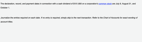 The declaration, record, and payment dates in connection with a cash dividend of $101,600 on a corporations common stock are